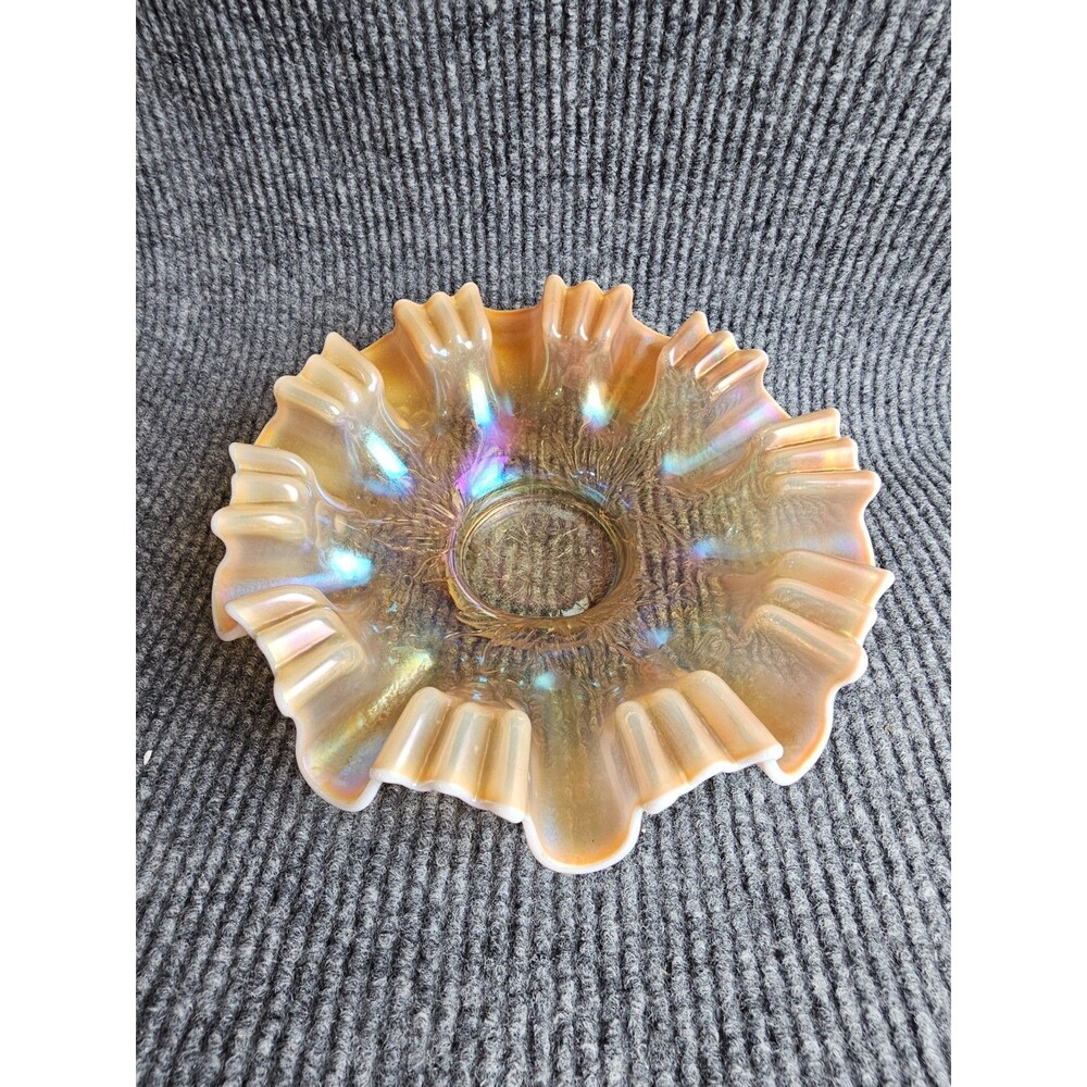 8.75" Dugan Opalescent Raindrops Bowl Peach Carnival Glass Keyhole 3/1 Crimp Rim